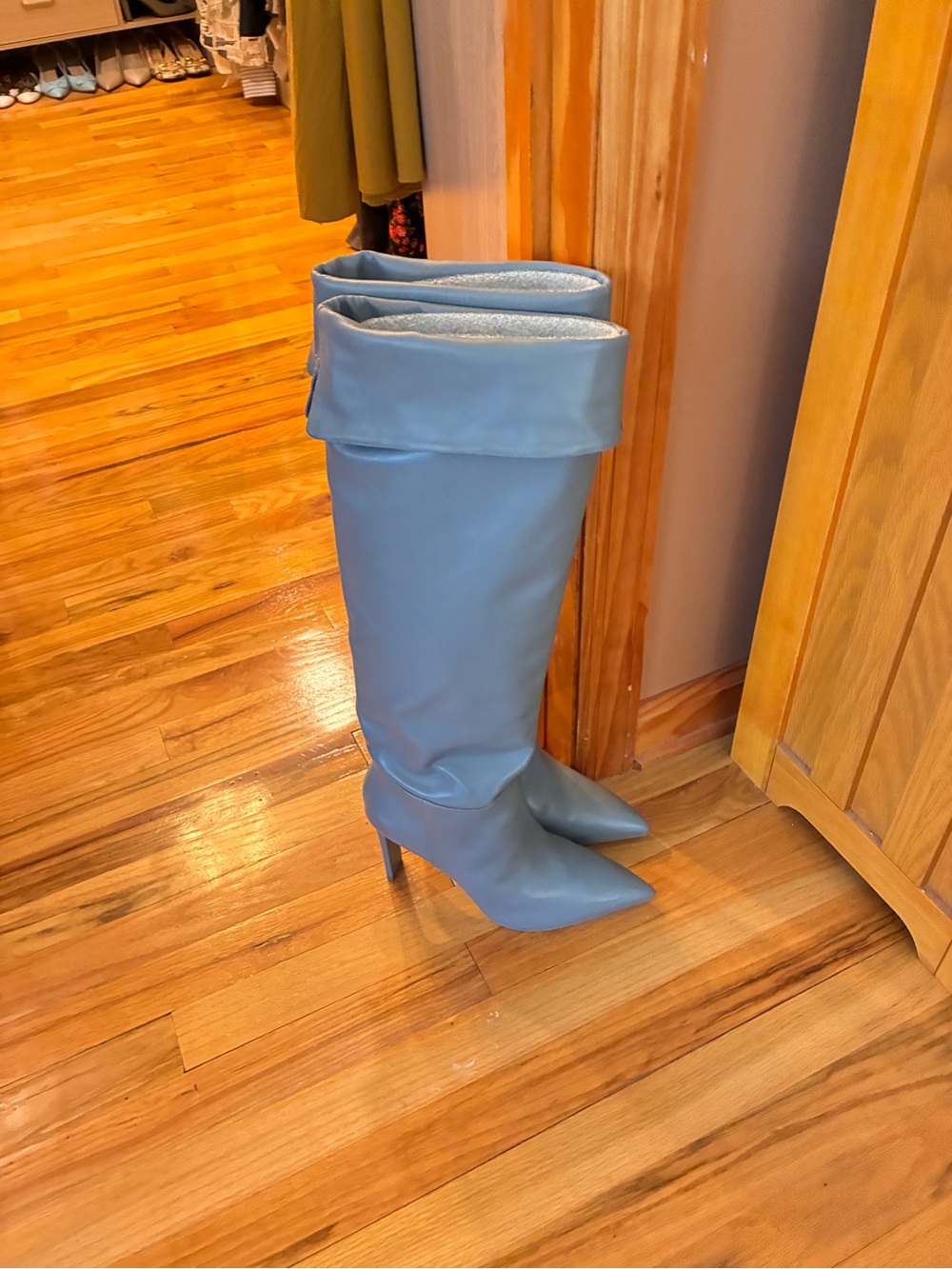 Larroude Sky Blue Pointed-Toe Knee-High Fold-Over Boots
